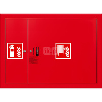 Hydrant DN 52 wnękowy z miejscem na gaśnicę obok kosza, wąż 20 m, zamek patent, RAL 3000