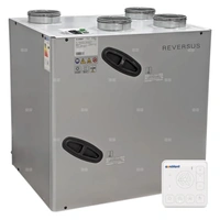 Rekuperator Reversus 600+ z panelem Wi-Fi, z entalpicznym wymiennikiem przeciwprądowym (wydatek 580 m³/h), z by-passem, z nagrzewnicą wstępną, z uchwytami mocującymi do ściany