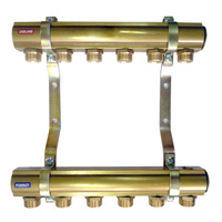 Rozdzielacz do instalacji c.o. QIK mosiądz GW 1'', 7-obieg. GZ 3/4'' z nyplami