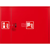 Hydrant DN 33 zawieszany z miejscem na gaśnicę obok zwijadła, wąż 30 m, ocynk fasada, zamek patent, RAL 3000